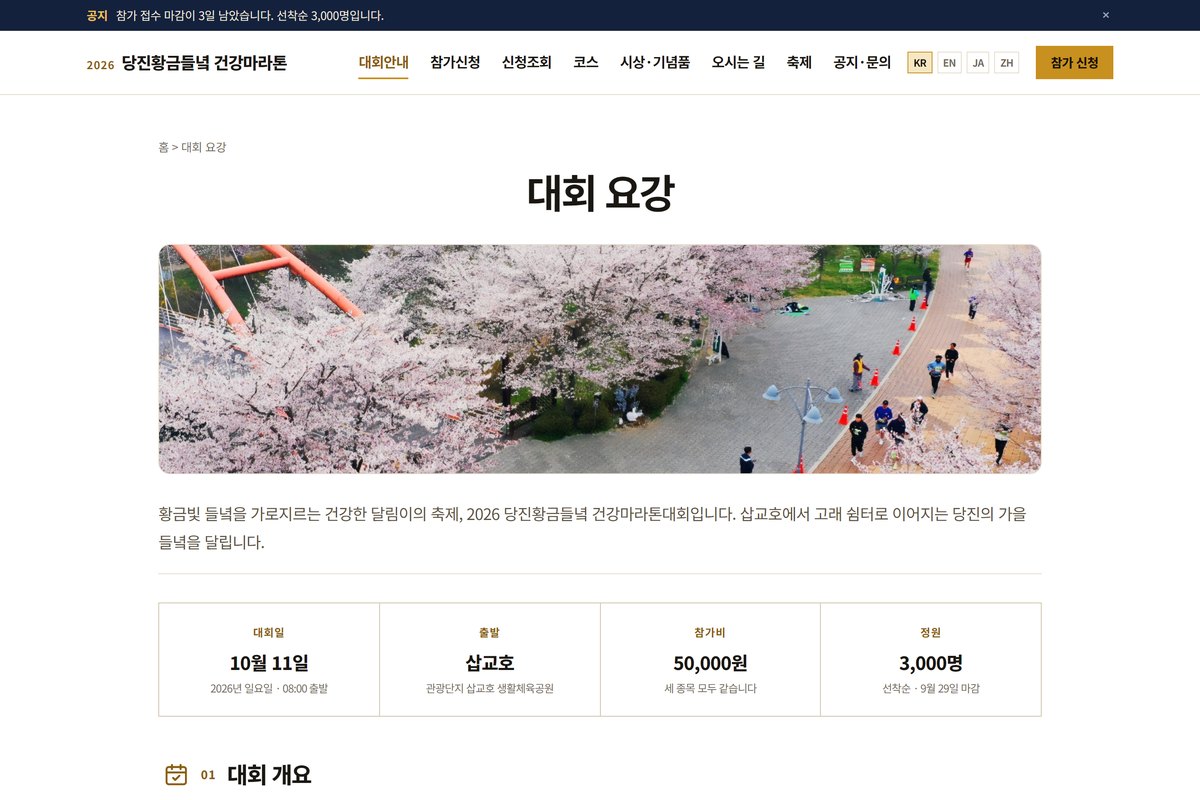 당진황금들녘 건강마라톤 대회 요강 화면 — 대회일, 출발 장소, 참가비, 정원이 한 표에 정리되어 있다