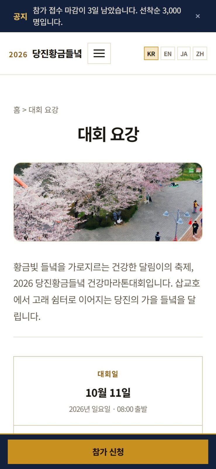 폰으로 연 당진황금들녘 건강마라톤 대회 요강 화면 — 대회일, 출발 장소, 참가비, 정원이 세로로 정리되어 있다