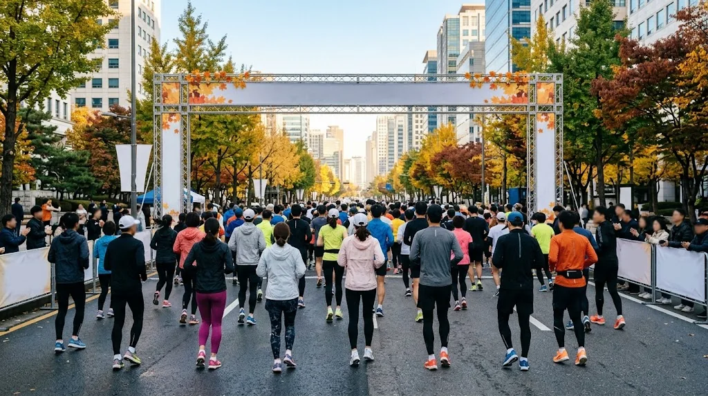 도심 마라톤 출발을 기다리며 몸을 푸는 러너들